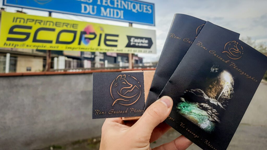 Cartes de visites et flyers devant le panneau de l'imprimeur Scopie à Toulouse