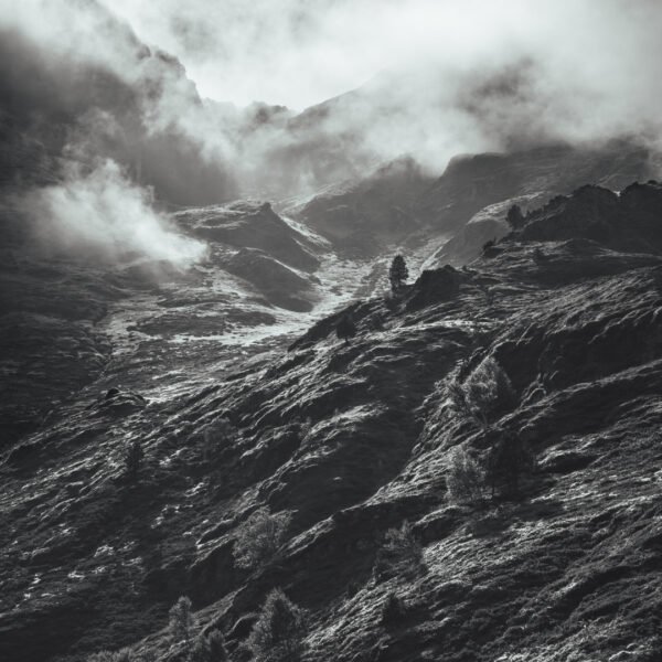Tirage d'Art "Rayon de contraste" - Magnifique photo noir et blanc avec légères teintes bleutées d'un flanc de montagne. Le soleil éclaire d'une lumière rasante les reliefs et les quelques arbres clairsemés.